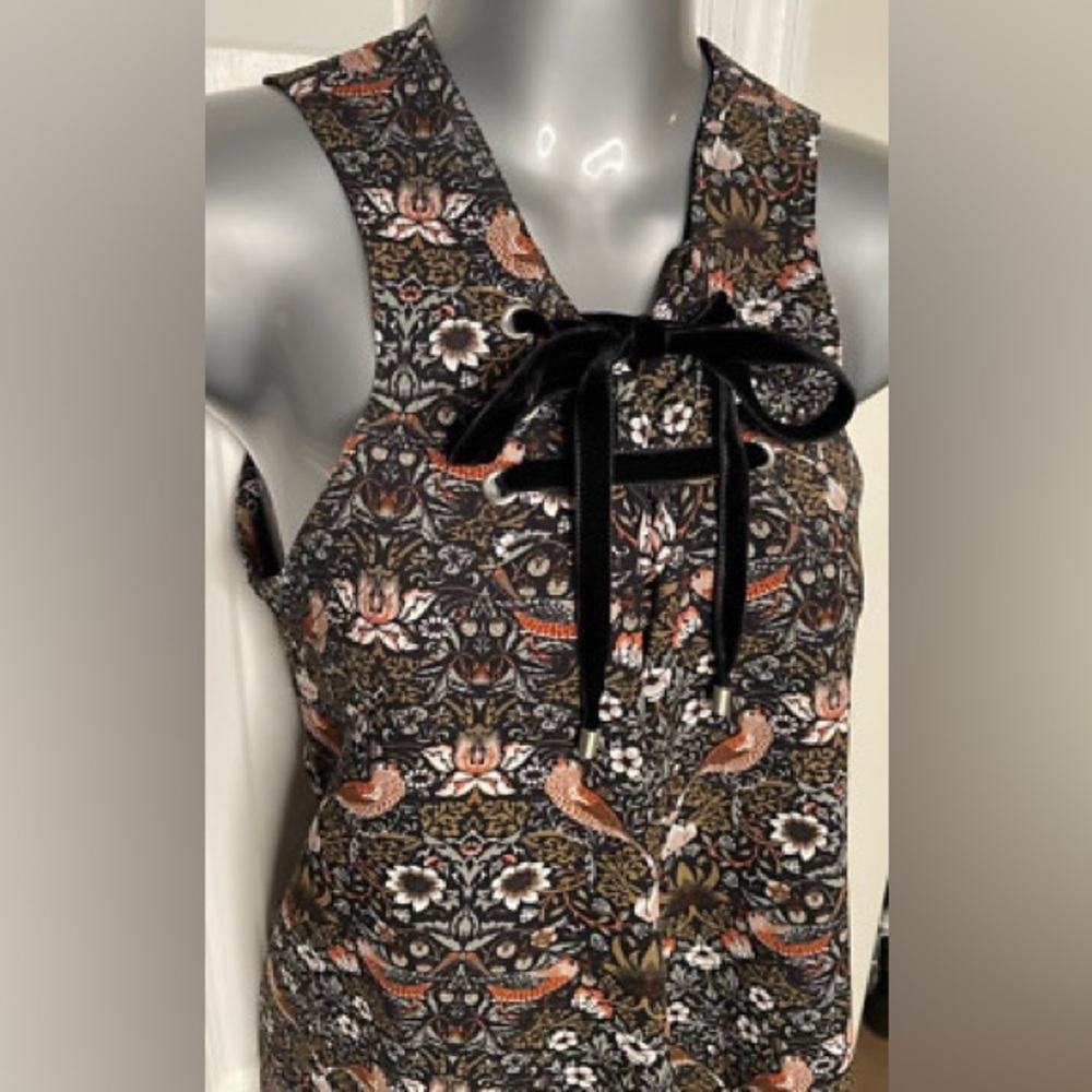 Marc Jacobs Strawberry Thief Bird Black Olive Print Sleeveless Tie Front Size Sm - Picture 7 of 7